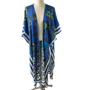Steve Madden Floral Ruana Kimono Duster Wrap Cover Up OS Blue Boho Cottagecore
